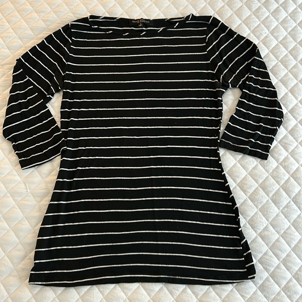 Green Envelope, 3/4 Sleeve, striped shirt. Size small.